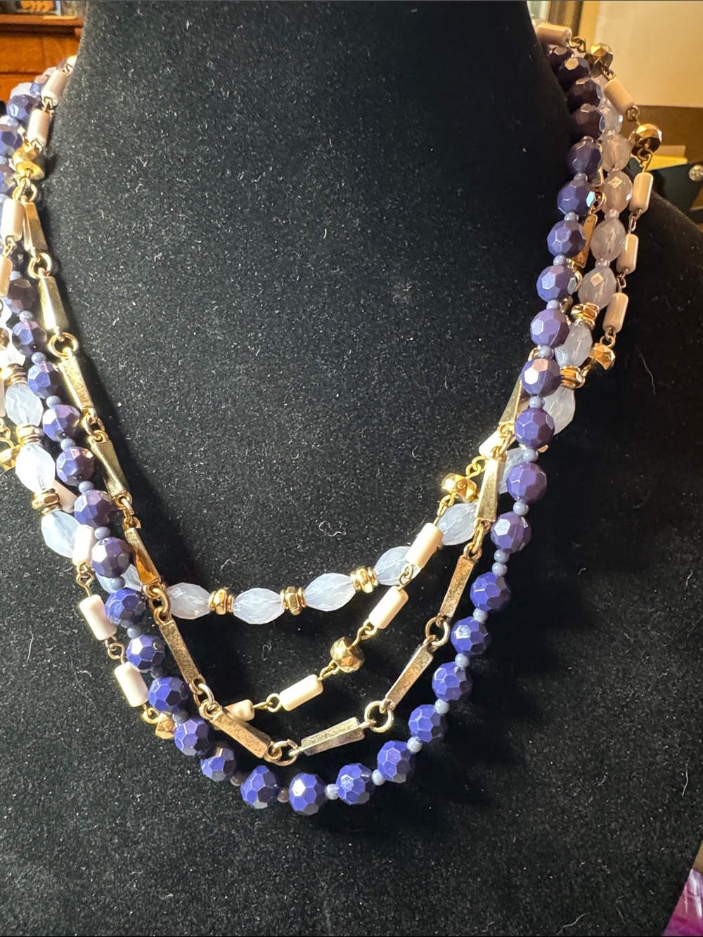 Vintage Source Unknown Layered Purple Beaded Necklace with Gold Accents